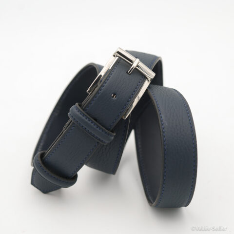 Ceinture doublée bleue, boucle Poursin laiton nickelée.
