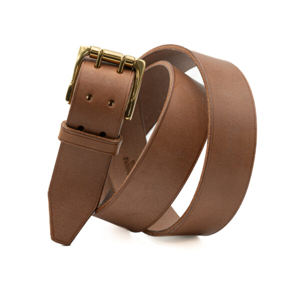 Ceinturon militaire artisanal en cuir à tannage végétal, boucle laiton massif, 40 mm, double ardillon, cousue main, sur mesure-Vallée-Sellier